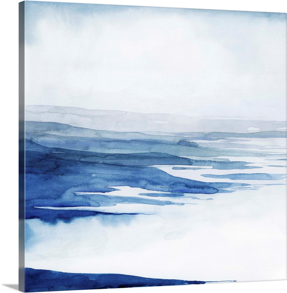 Blue and white abstract artwork resembling rushing glacial water.