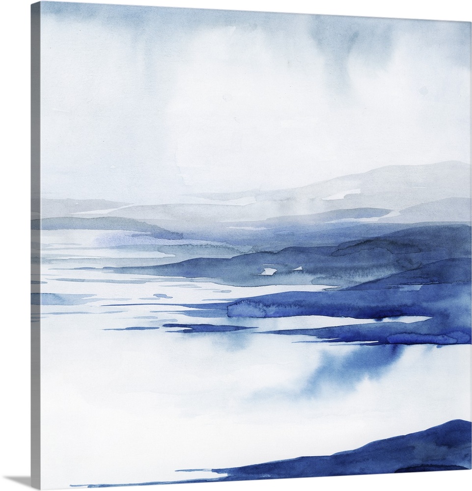 Blue and white abstract artwork resembling rushing glacial water.
