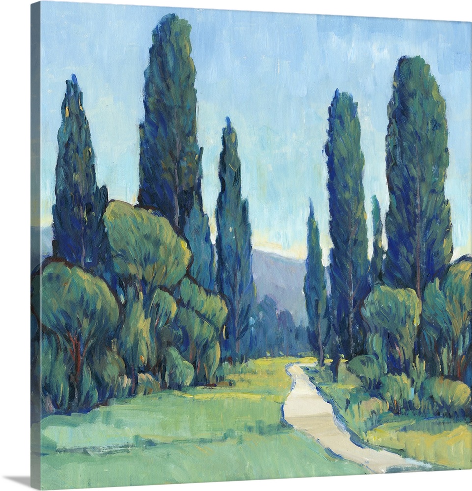 Square painting of a green landscape filled with trees and a path leading to the background.