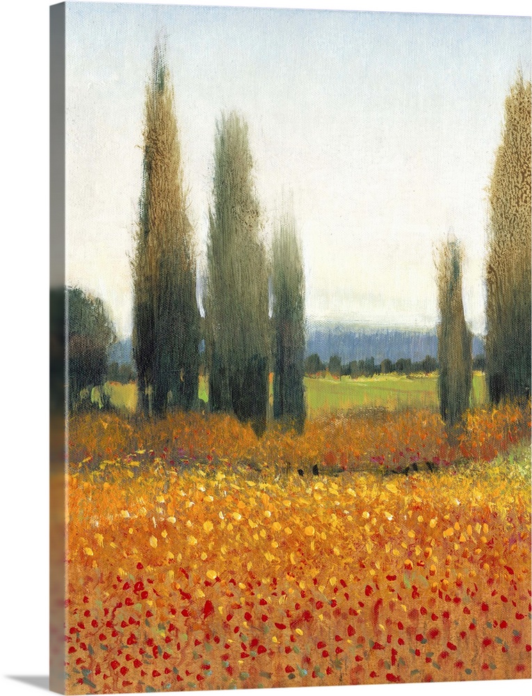Painting of a row of cypress trees in the Italian countryside.