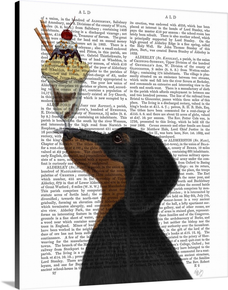 Decorative artwork of a black and tan dachshund balancing an ice cream sundae on its nose, painted on the page of a book.