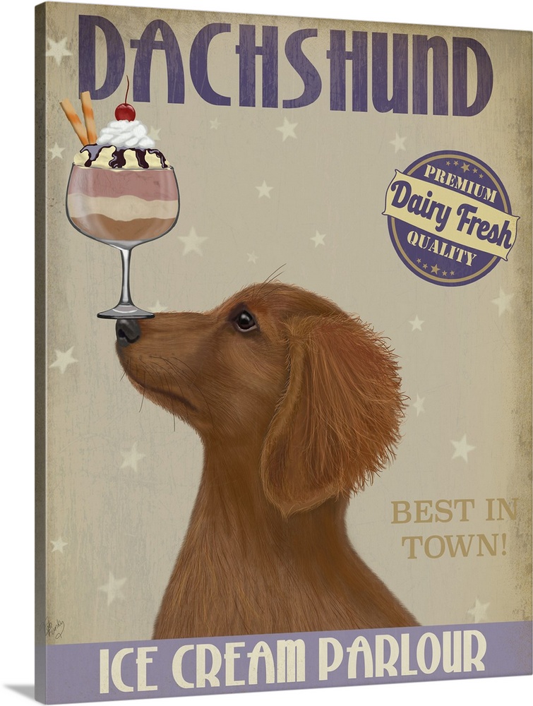 Decorative artwork of a Dachshund balancing an ice cream sundae on its nose in an advertisement for an ice cream parlour.