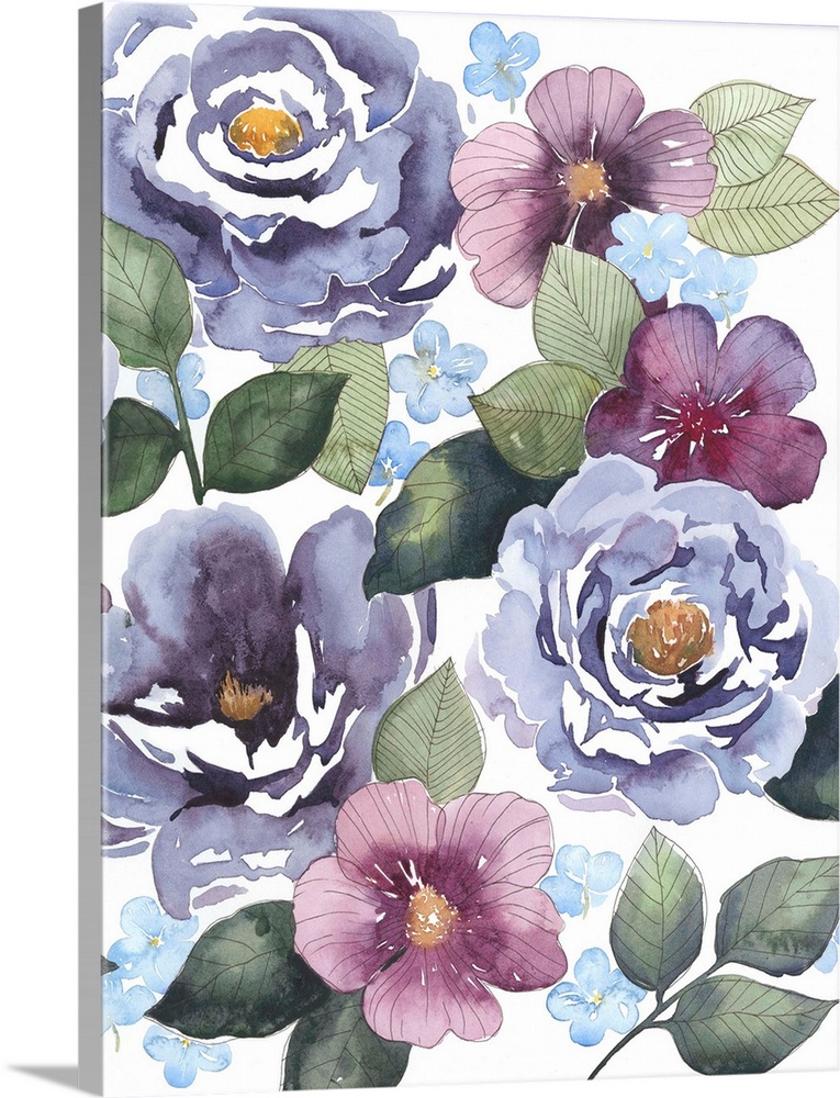 Watercolor painting of several purple peonies and green leaves.