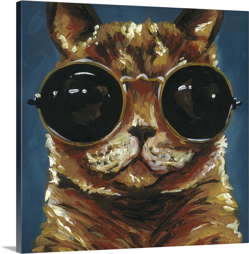 A engaging portrait of a cat wearing gold rimmed sunglasses on a grey/blue  background.