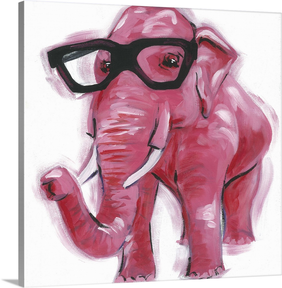 A engaging portrait of a pink elephant wearing black glasses on a white background.