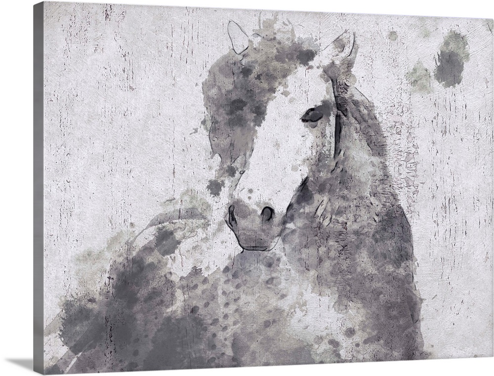 A creative image of a gray horse over a white wood board.