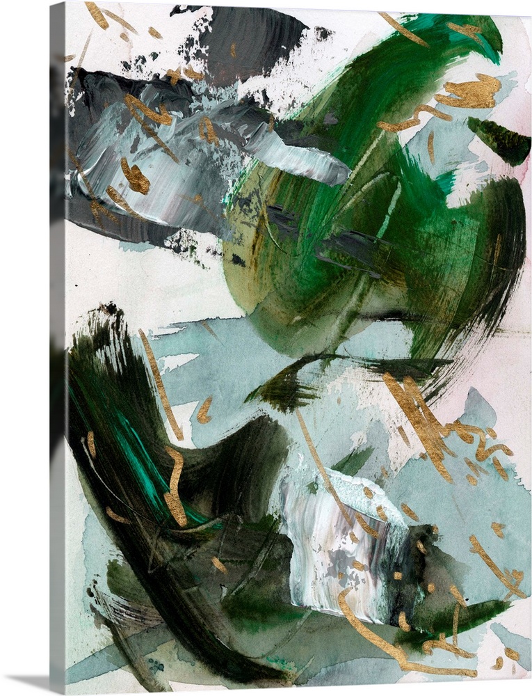A bold, masculine abstract in shades of dark green and seafoam with gold accents. This contemporary piece would be a stand...