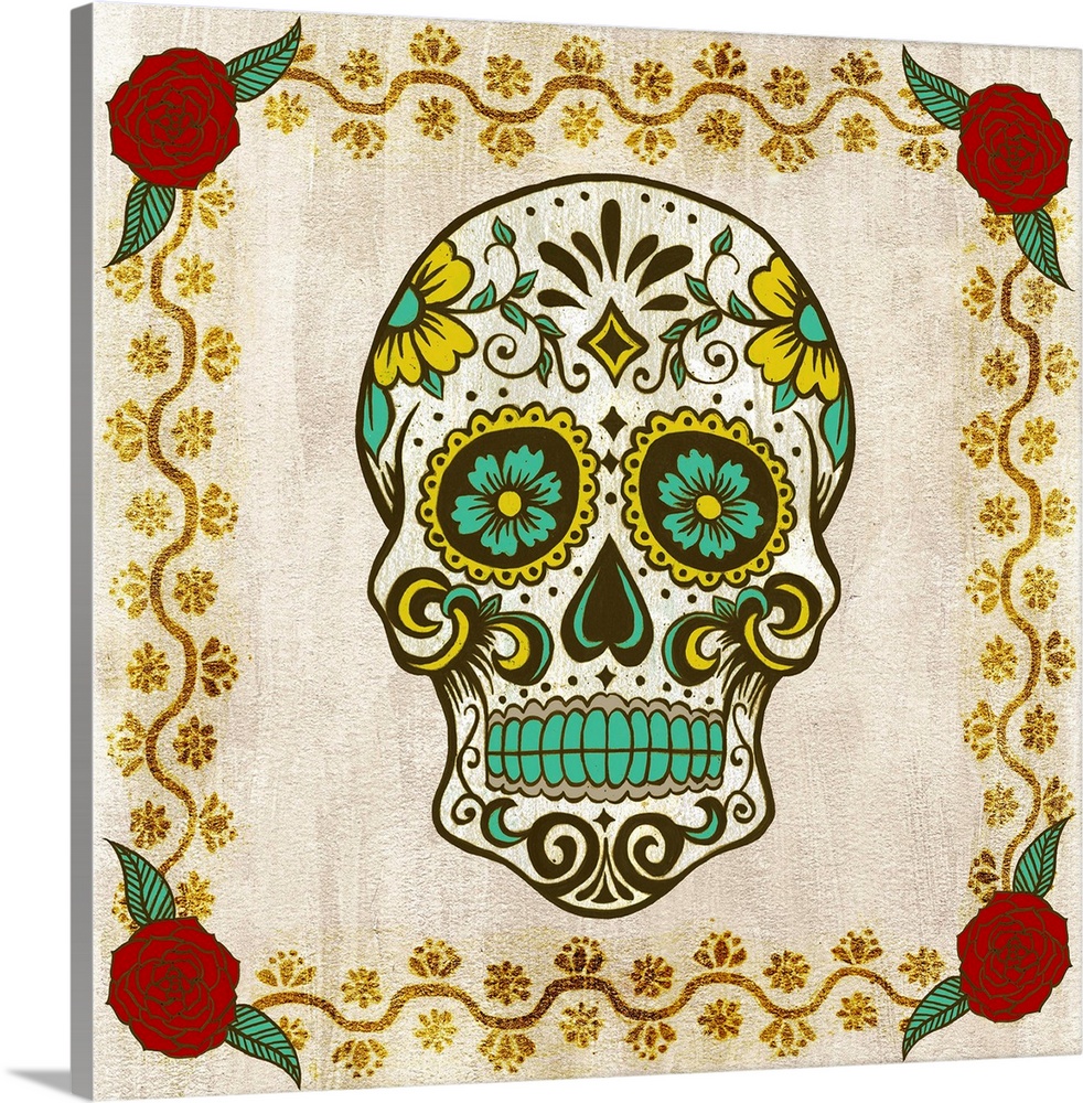 Decorative art with a playful illustration of a Dia De Los Muertos skull on a square background with flowers in each corner.