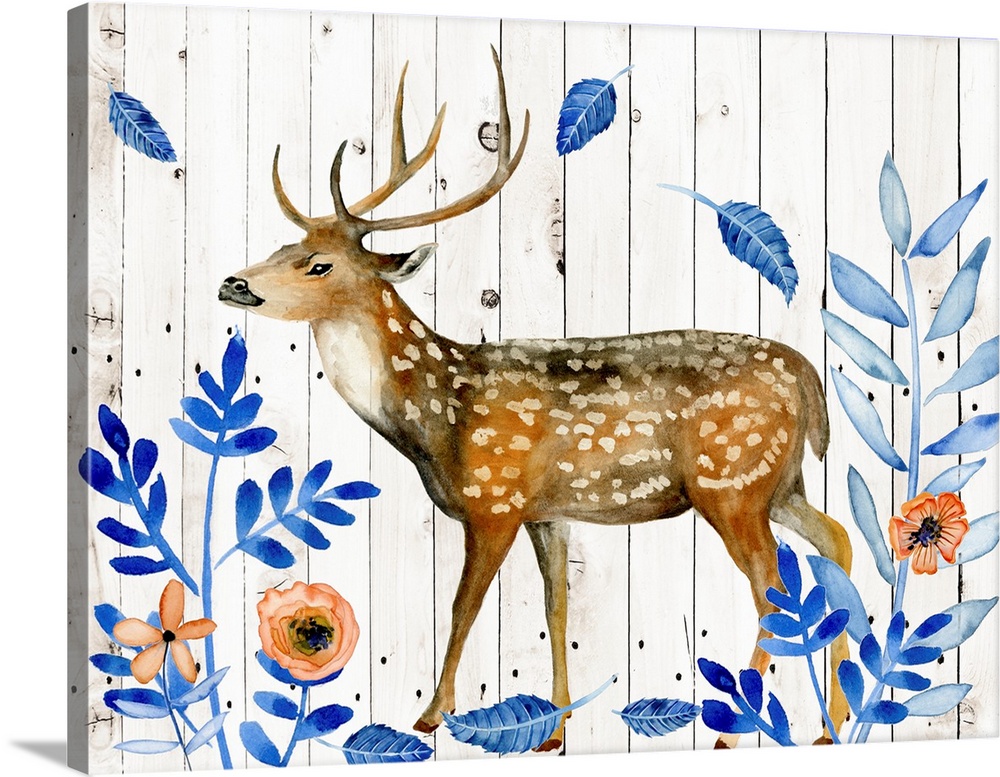 Contemporary artwork of a poised watercolor deer trekking while blue leaves fall and is surrounded by flowers over a wood ...