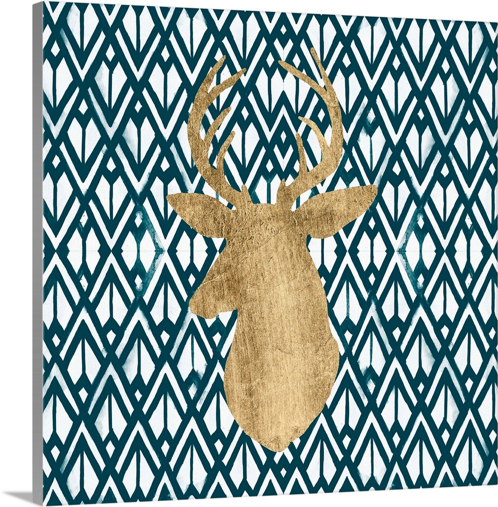 Gold deer silhouette on a patterned background.
