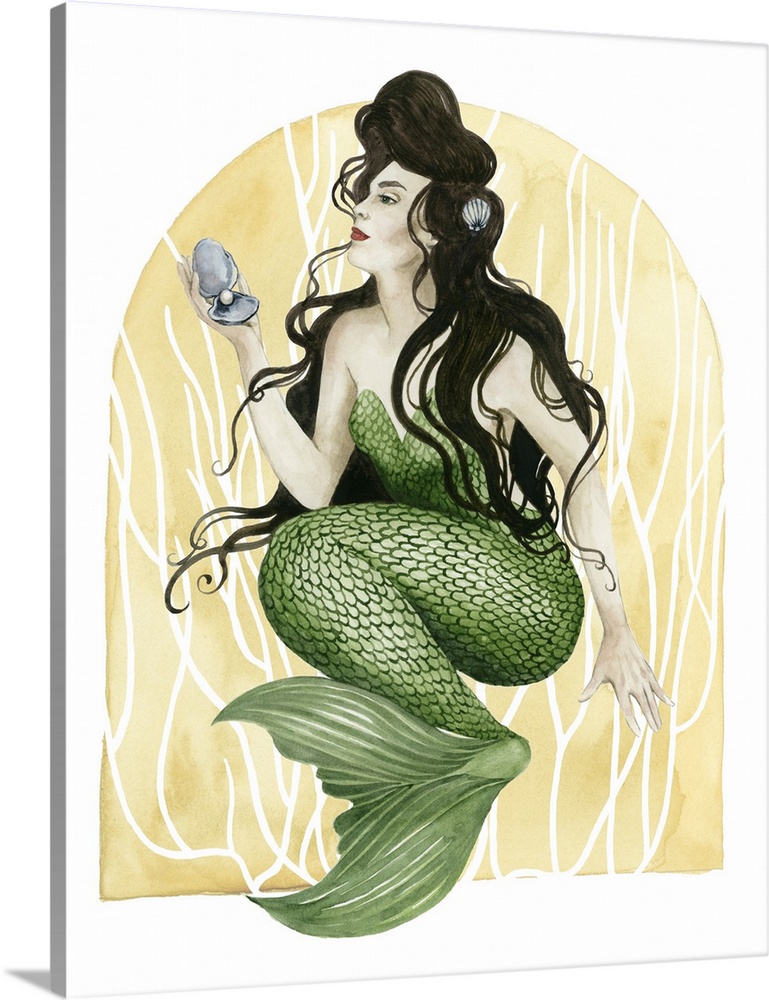 Art Deco style illustration of a mermaid with dark, wavy hair and green scales.