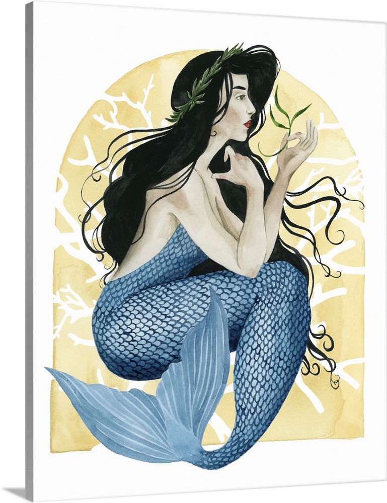 Art Deco style illustration of a mermaid with dark, wavy hair and blue scales.