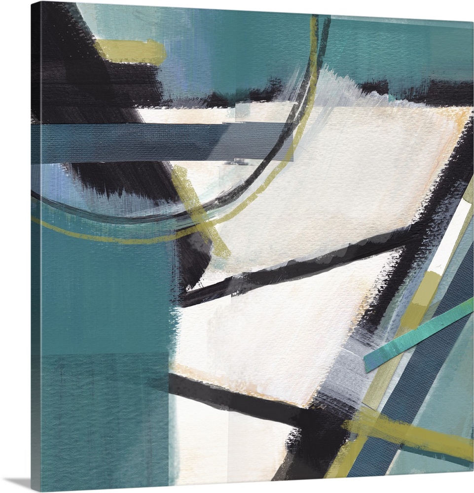 Square abstract art in shades of blue, green, white, and black with some pieces glued on top creating depth and texture.