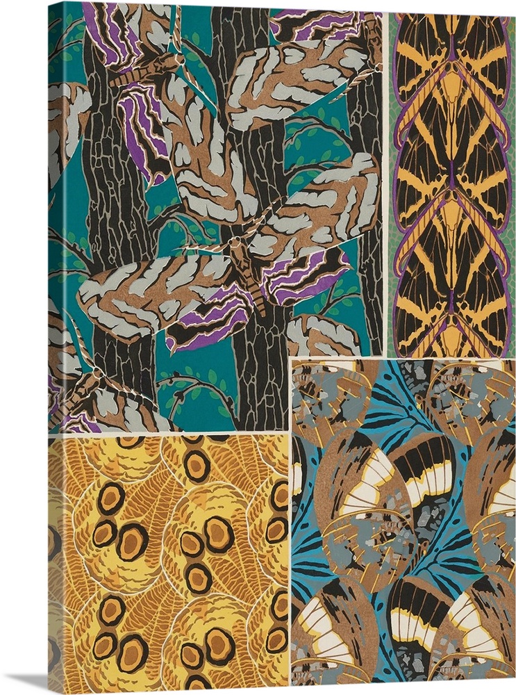 A decorative collage of varies types of butterflies in colorful patterns.