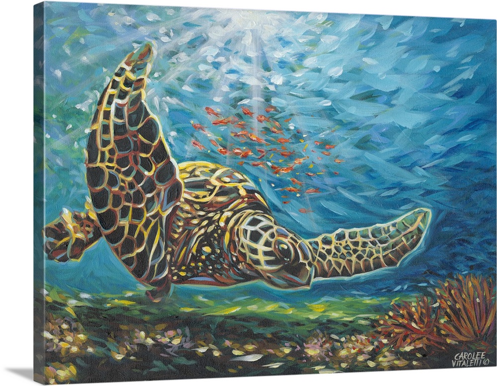 Contemporary painting of a sea turtle swimming underwater in a coral reef.