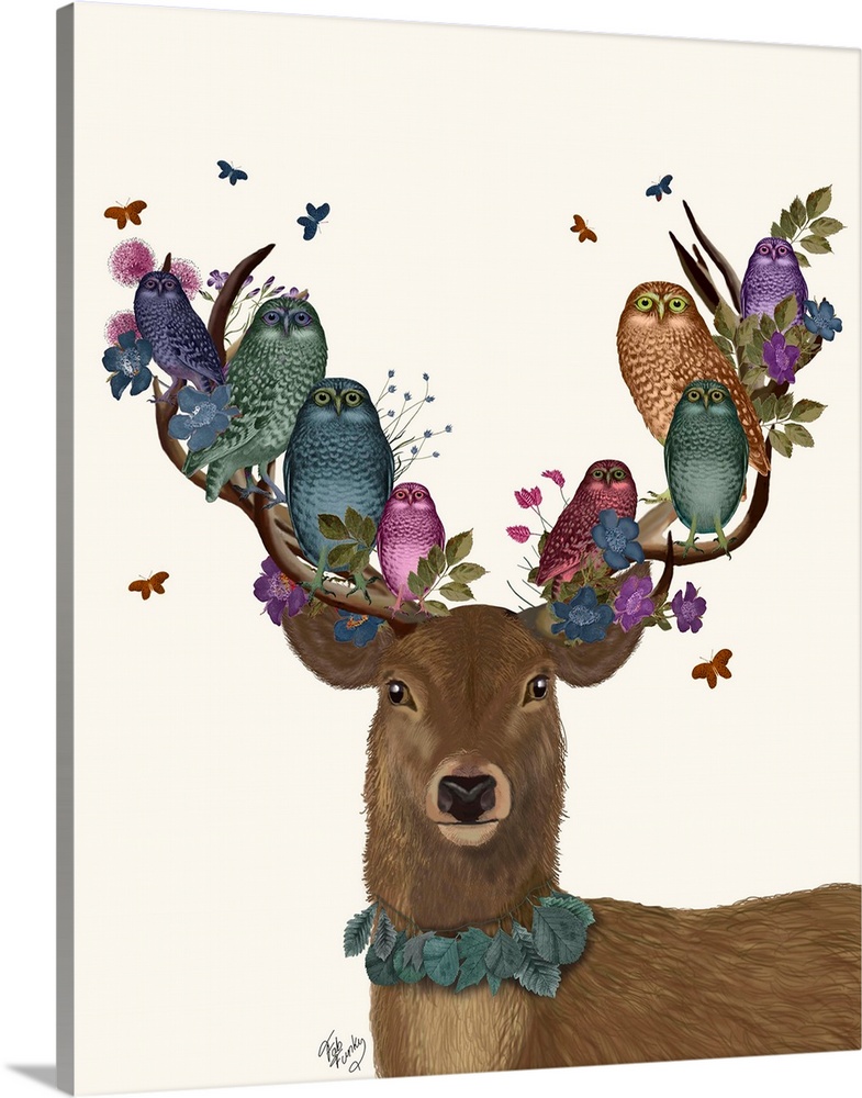 Digital illustration of a buck wearing leaves around his neck and on his antlers and colorful owls.