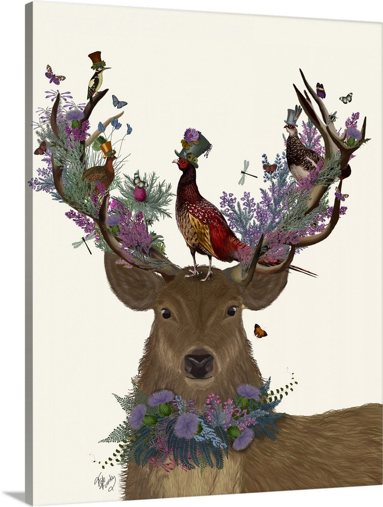 Digital illustration of a buck wearing flowers around his neck and on his antlers and Scottish birds.