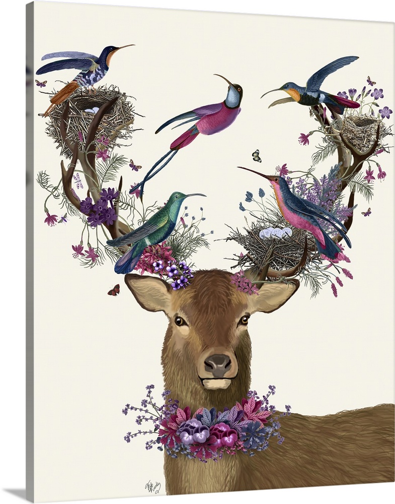 Digital illustration of a buck wearing flowers around his neck and on his antlers along with tropical birds and their nest.