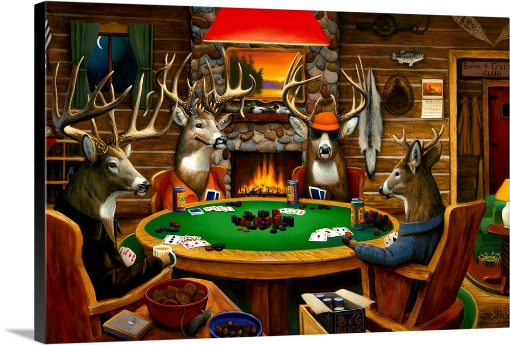 Big canvas painting of four deer sitting around a circular table playing poker in a wooden cabin.