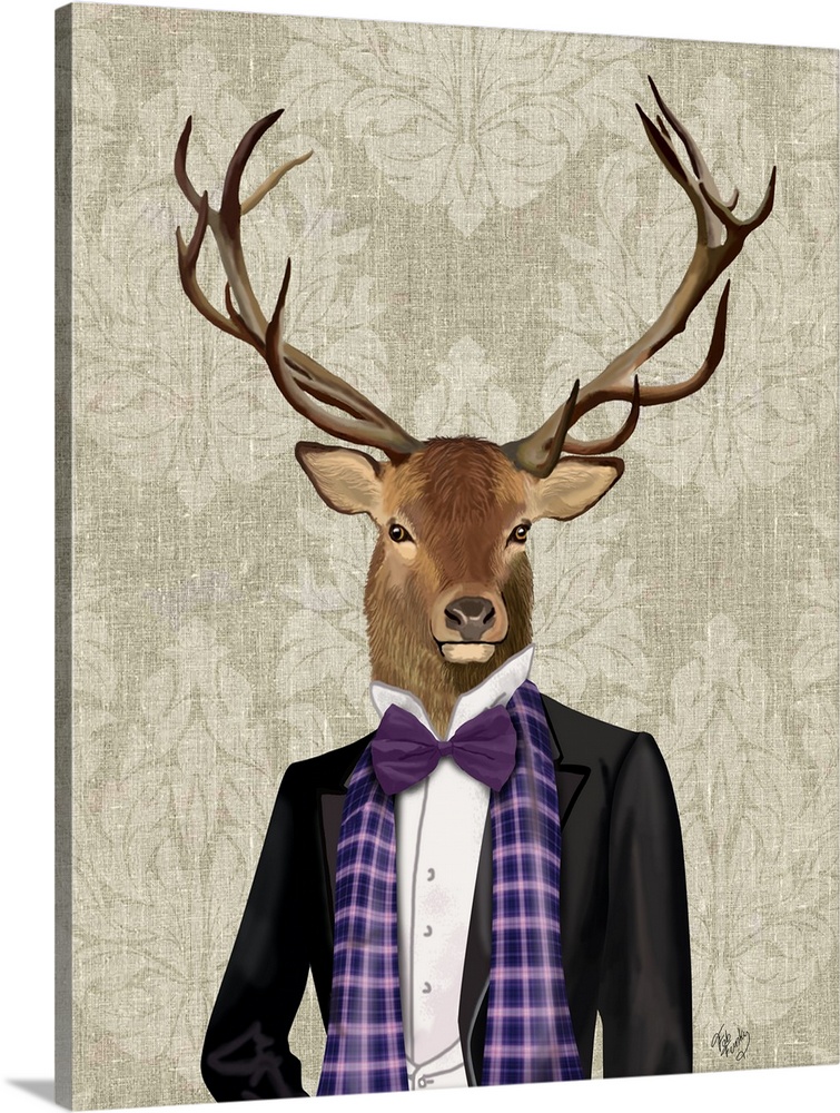 An anthropomorphic deer wearing a suit with a purple bow tie.