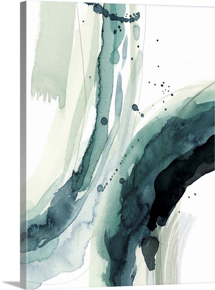 Contemporary watercolor painting of broad curved brushstrokes in teal and grey.