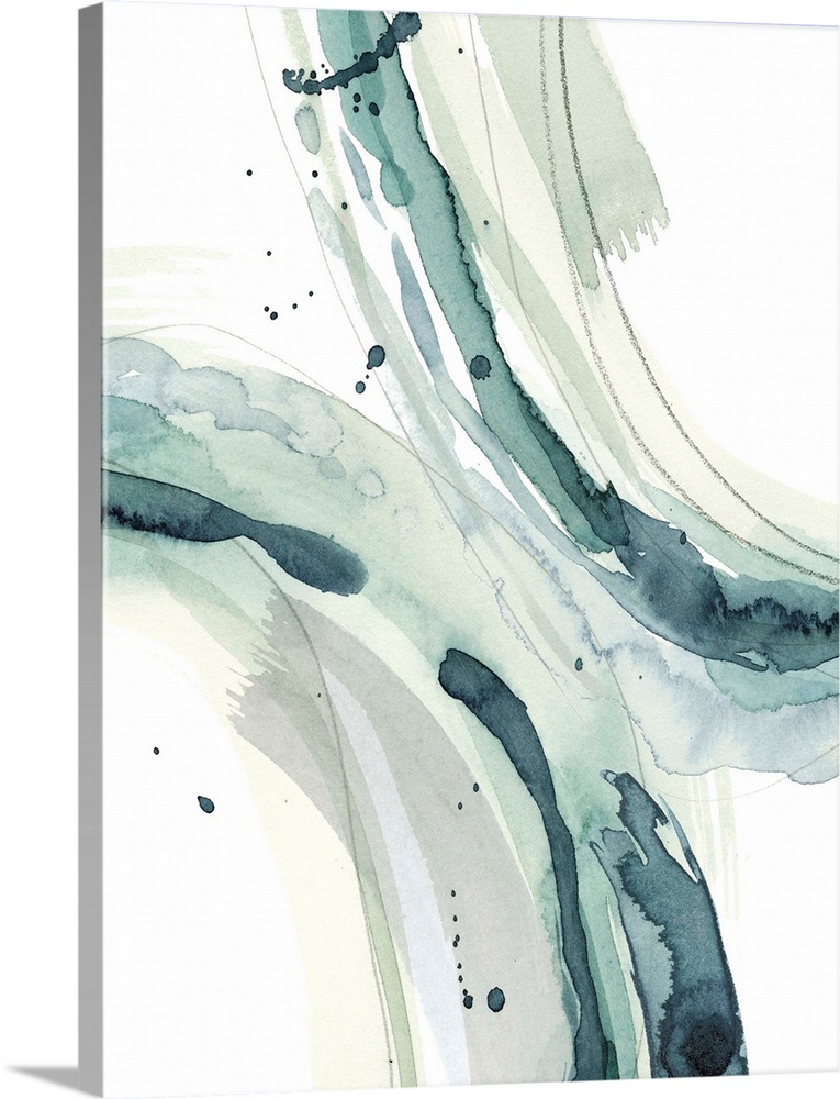 Contemporary watercolor painting of broad curved brushstrokes in teal and grey.
