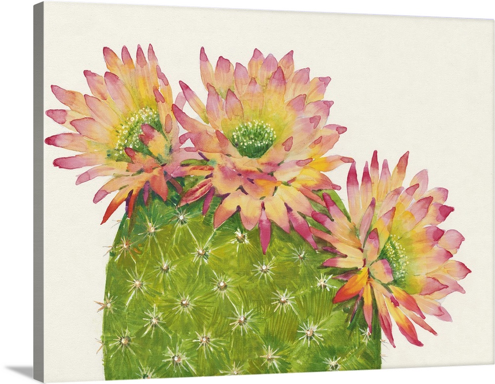 A contemporary watercolor painting of a cactus with colorful flowers.