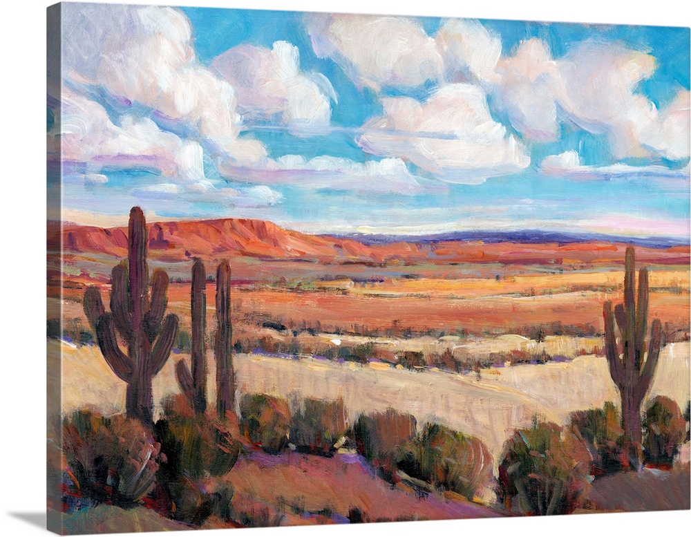Contemporary landscape painting of a bright blue cloudy sky overlooking a desert.