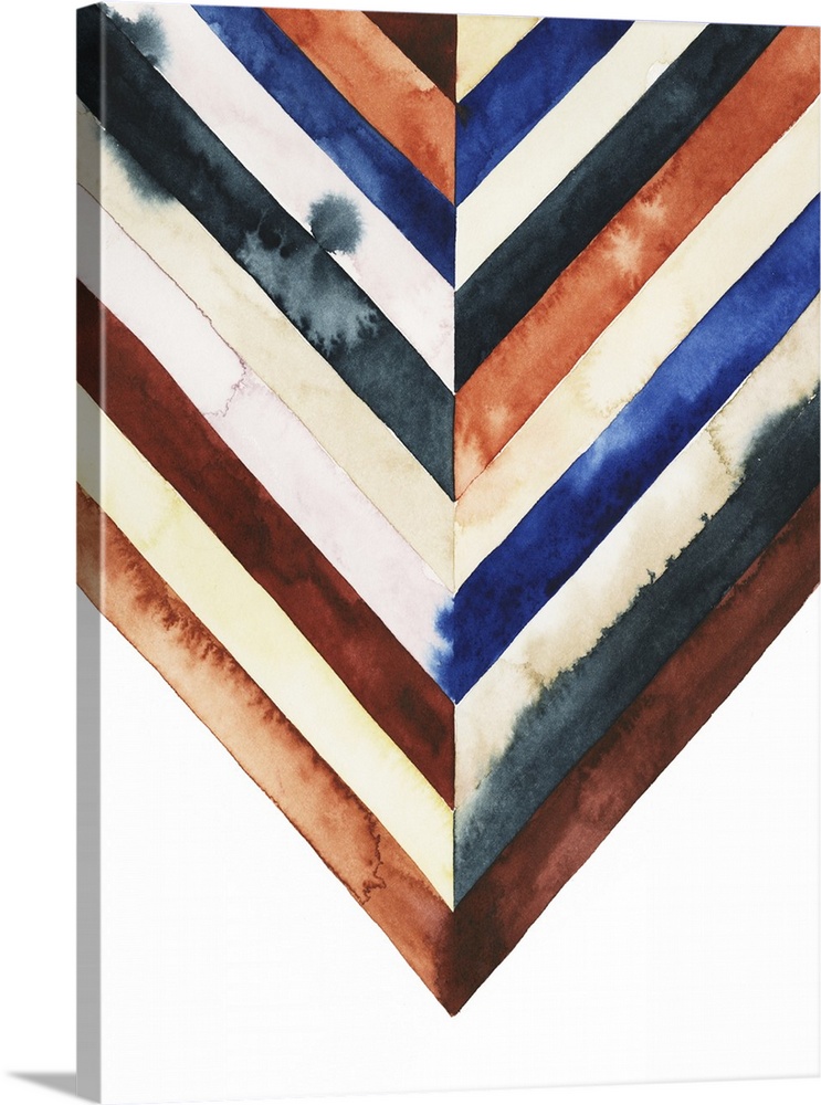 Watercolor painting of angled stripes of colors meeting in the center on a white background.