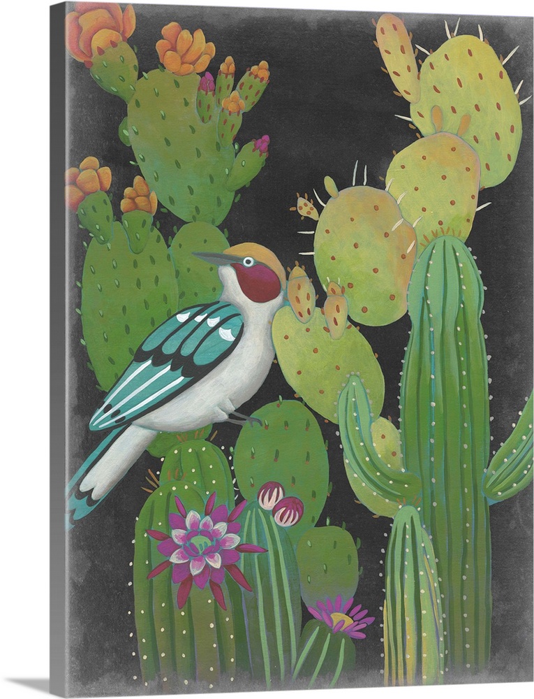 Contemporary Southwestern-themed artwork of a colorful bird on a cactus.
