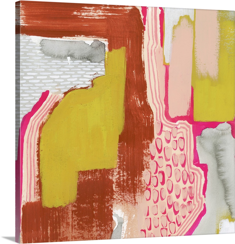 Contemporary abstract painting in hot pink, dark red, gray, and citron yellow.