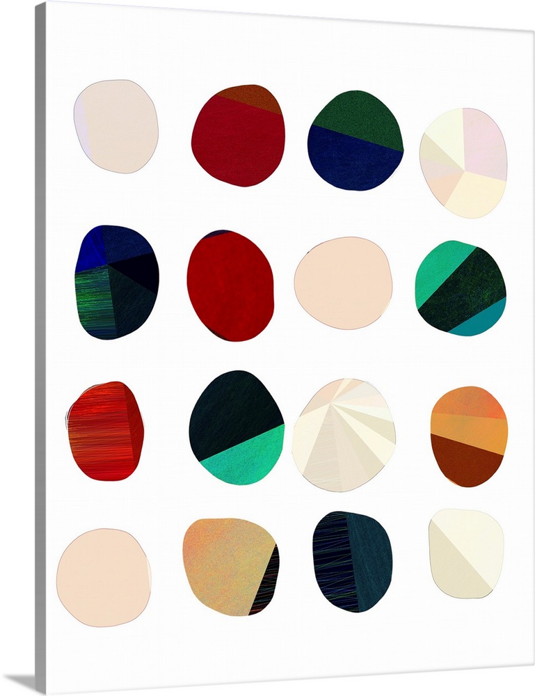 Modern abstract artwork of rows of organic round shapes in aqua, beige, and red.