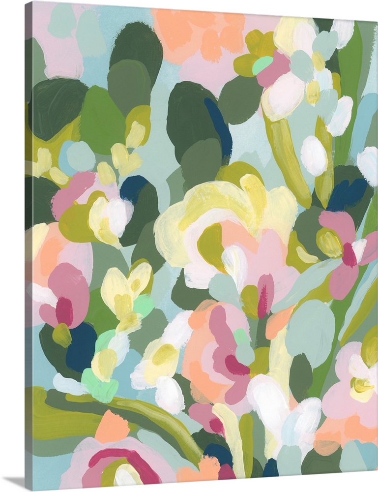 A very abstracted painting of a flower garden in spring pastel colors
