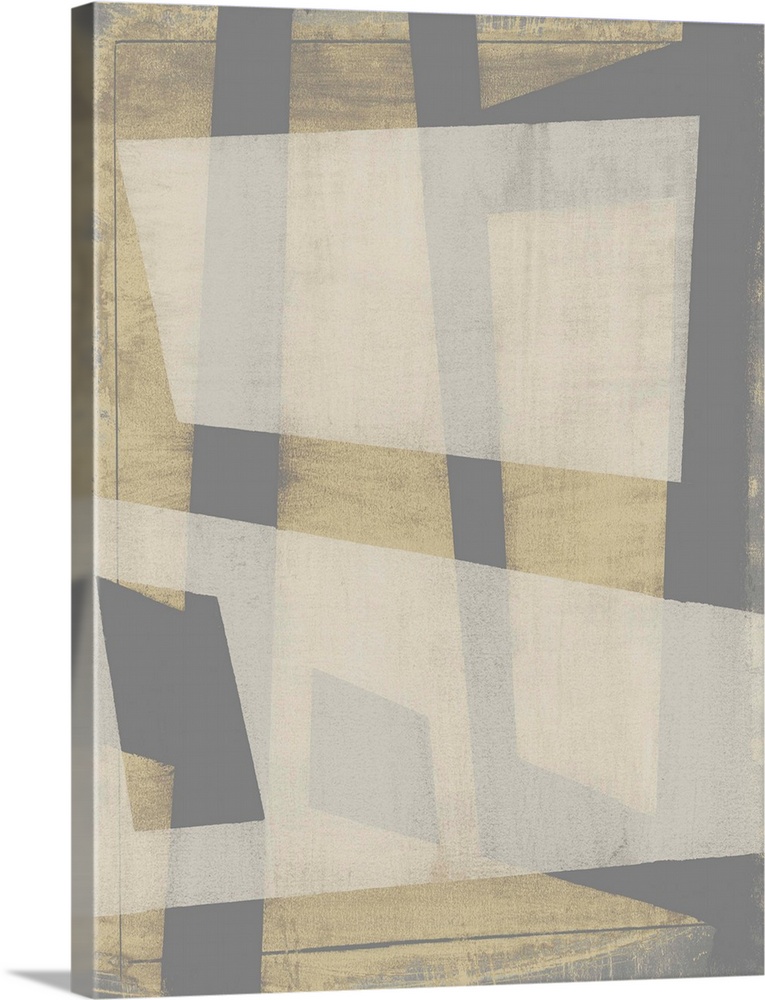 This contemporary artwork displays neutral tones in angular geometric shapes with varying opacity.