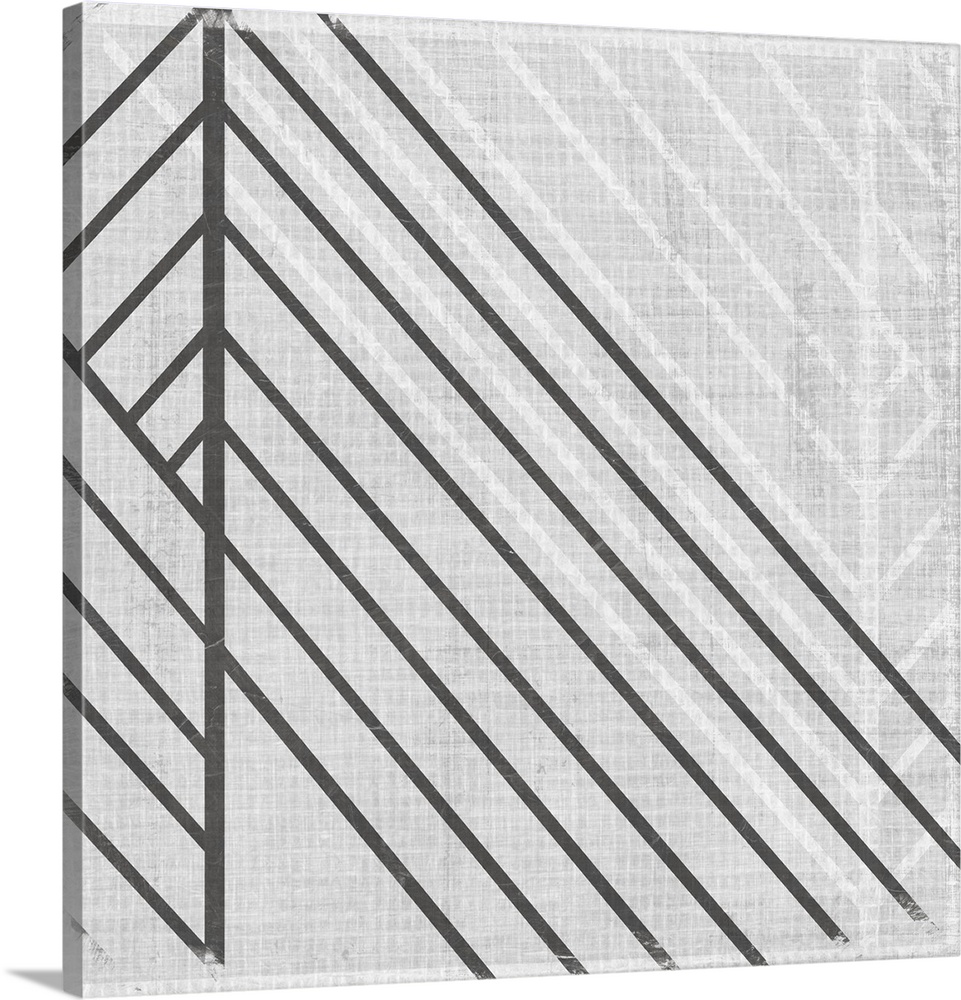 Square abstract art with lines running diagonally across the canvas in gray and white.