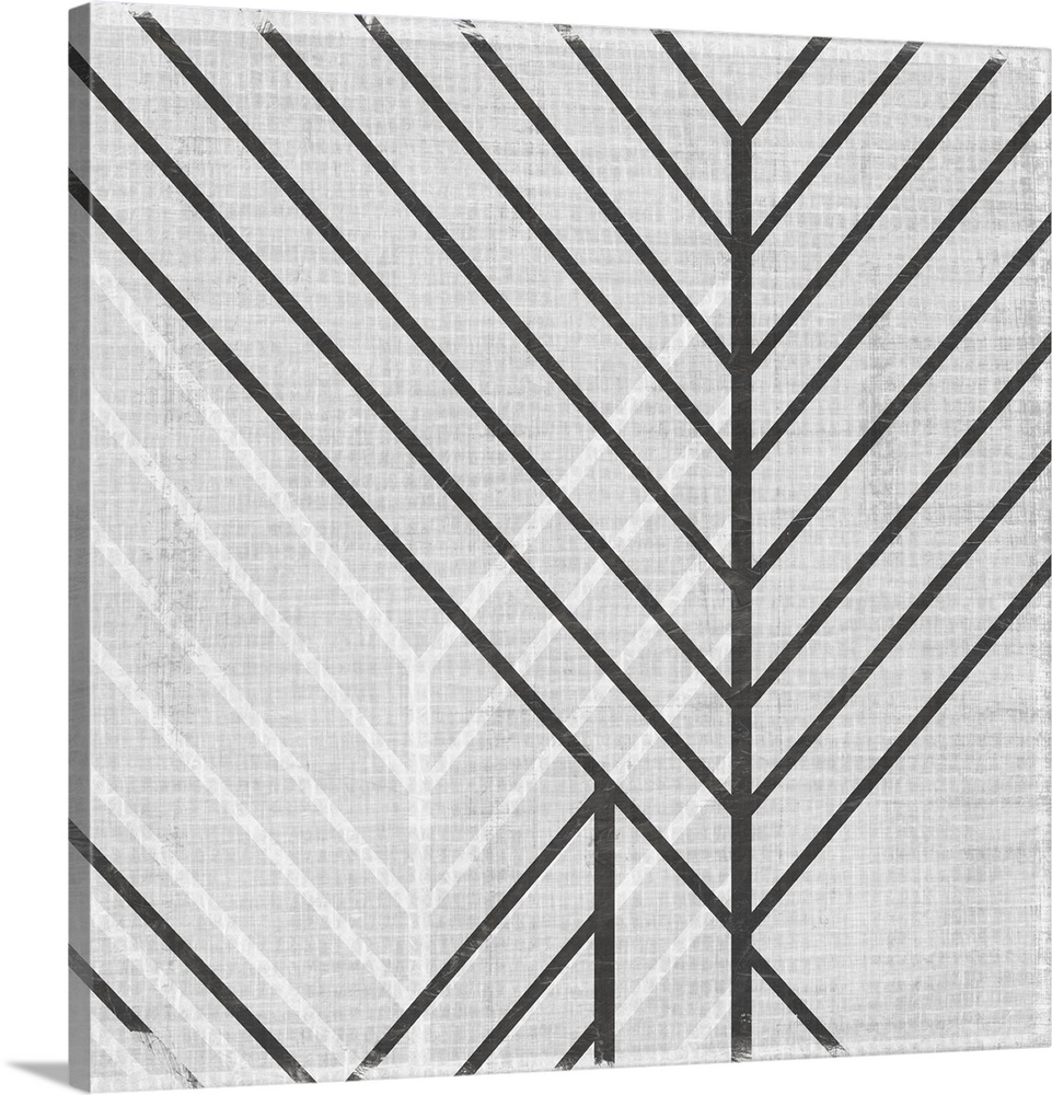Square abstract art with lines running diagonally across the canvas in gray and white.