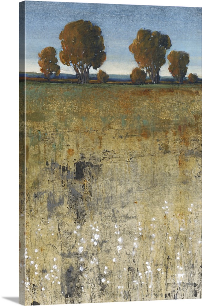 Contemporary painting of a field with trees in the distance.