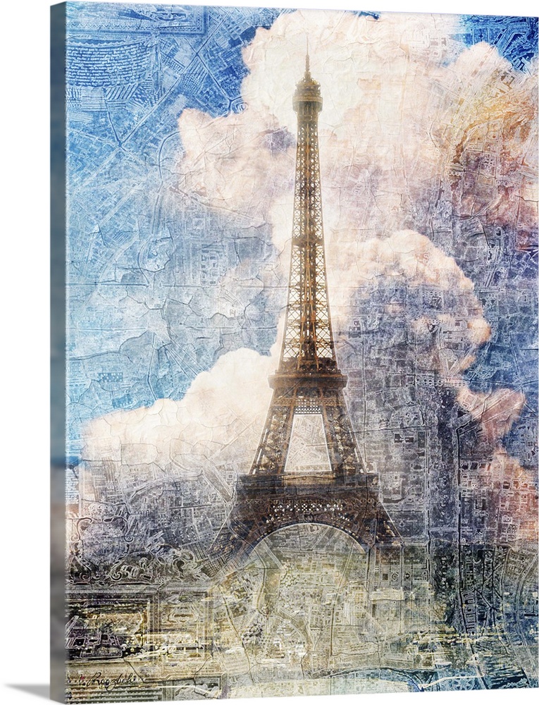 Artistic photograph of the Eiffel Tower and large clouds, with a rough texture overlay.