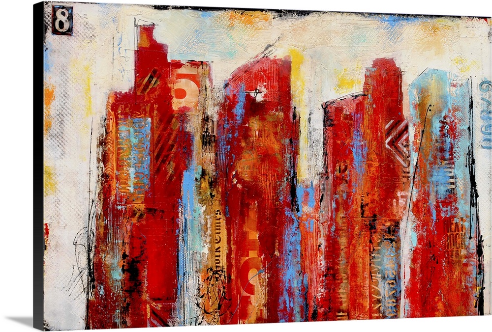 Contemporary colorful abstract painting using vibrant tones of red and orange with hints of blue against a neutral toned b...