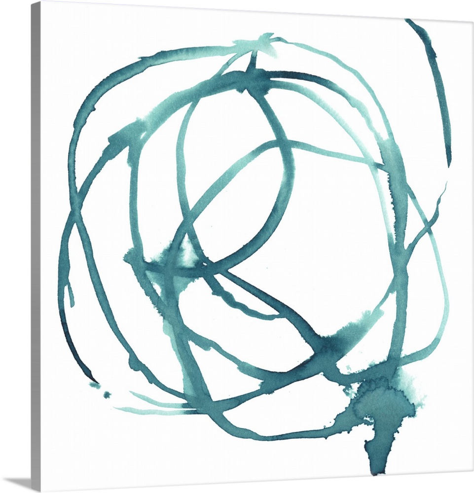 Contemporary painting of overlapping circles of blue in medium brush strokes on a white background.