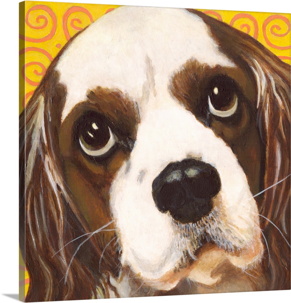Fun and contemporary painting of a dog against a patterned background.