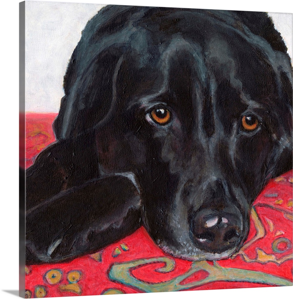 Fun and contemporary painting of a dog against a patterned background.