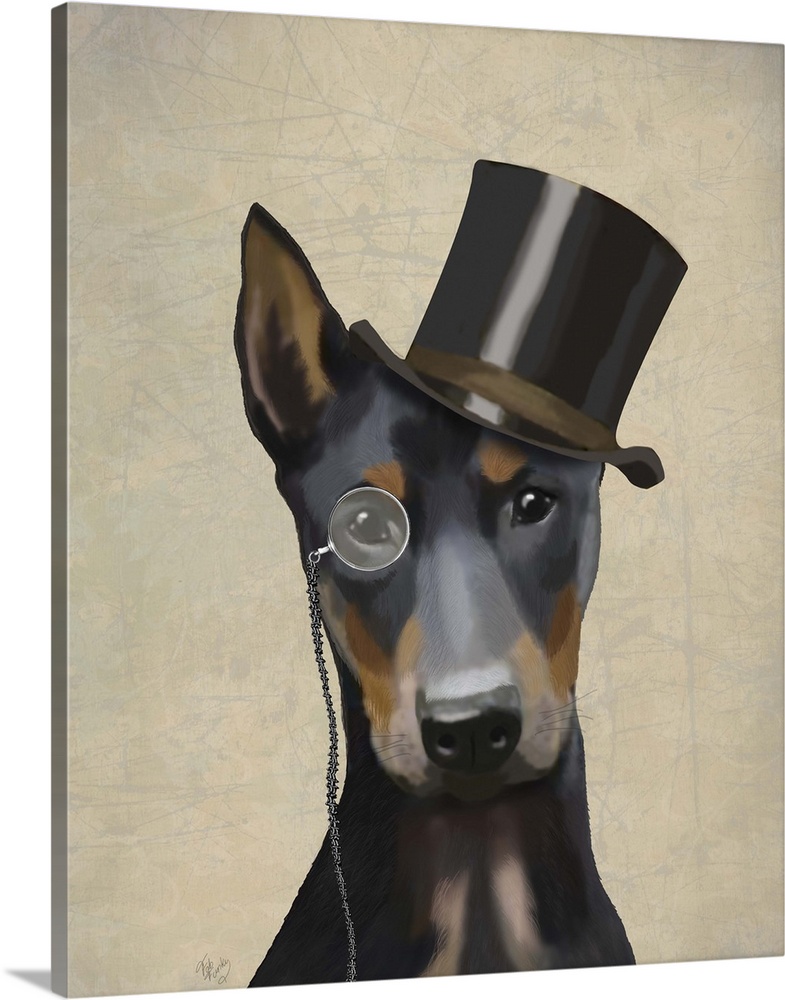 A sharp-dressed doberman wearing a monocle and top hat.