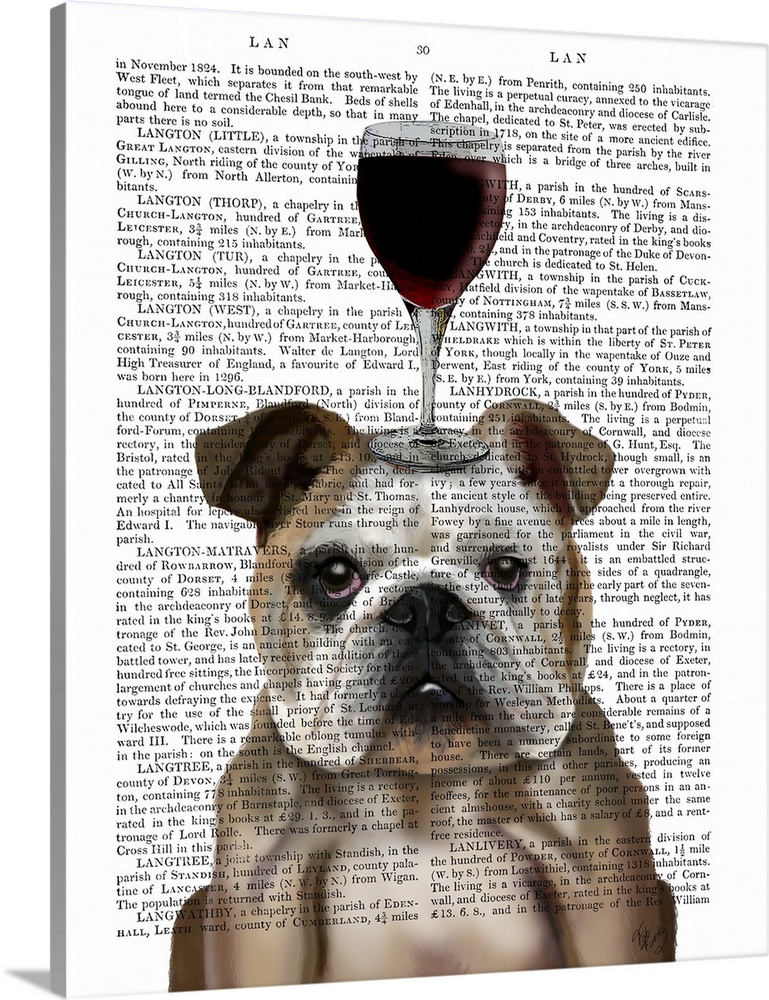 Decorative art with an English Bulldog balancing a glass of red wine on its head painted on the page of a book.