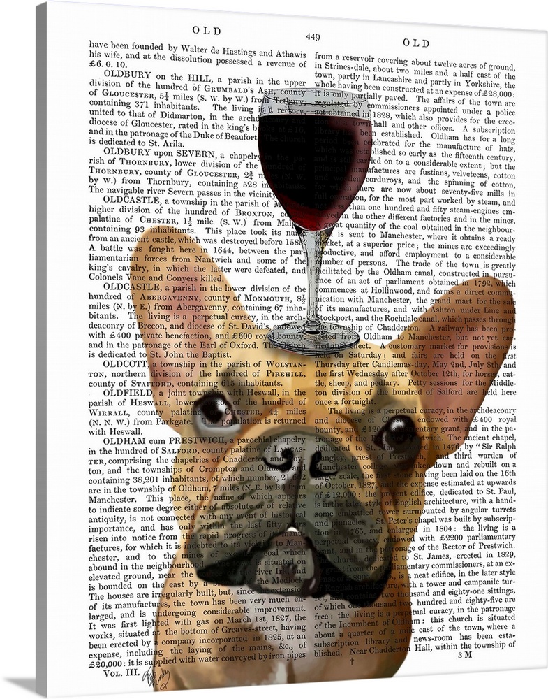 Decorative art with a French Bulldog balancing a glass of red wine on its head painted on the page of a book.