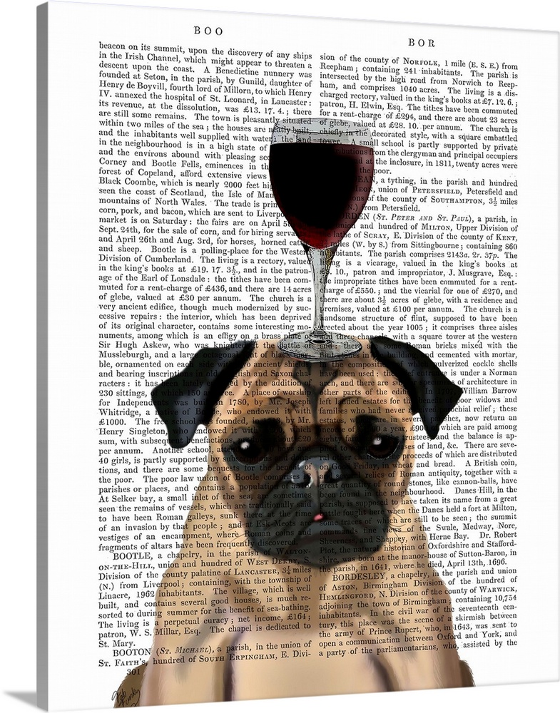 Decorative art with a Pug balancing a glass of red wine on its head painted on the page of a book.