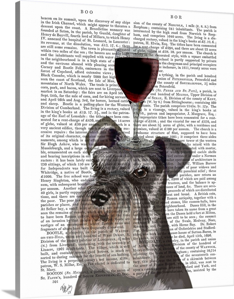 Decorative art with a Schnauzer balancing a glass of red wine on its head painted on the page of a book.