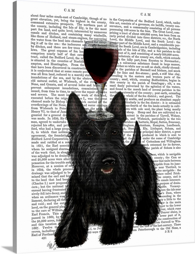 Decorative art with a Scottish Terrier balancing a glass of red wine on its head painted on the page of a book.