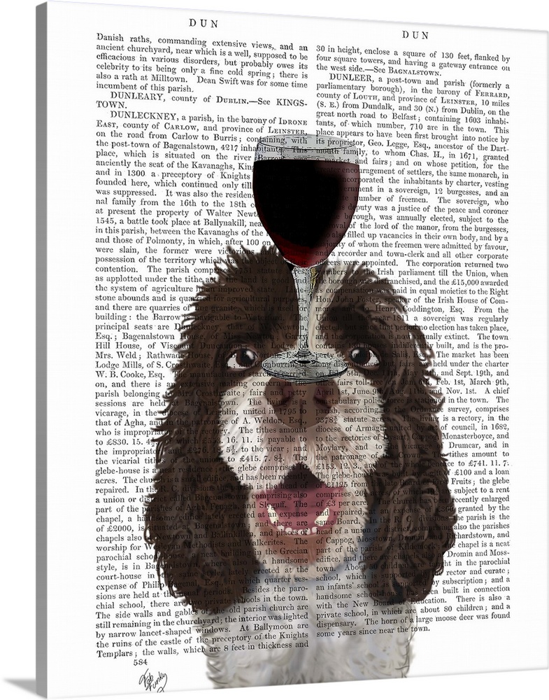 Decorative art with a Springer Spaniel balancing a glass of red wine on its head painted on the page of a book.