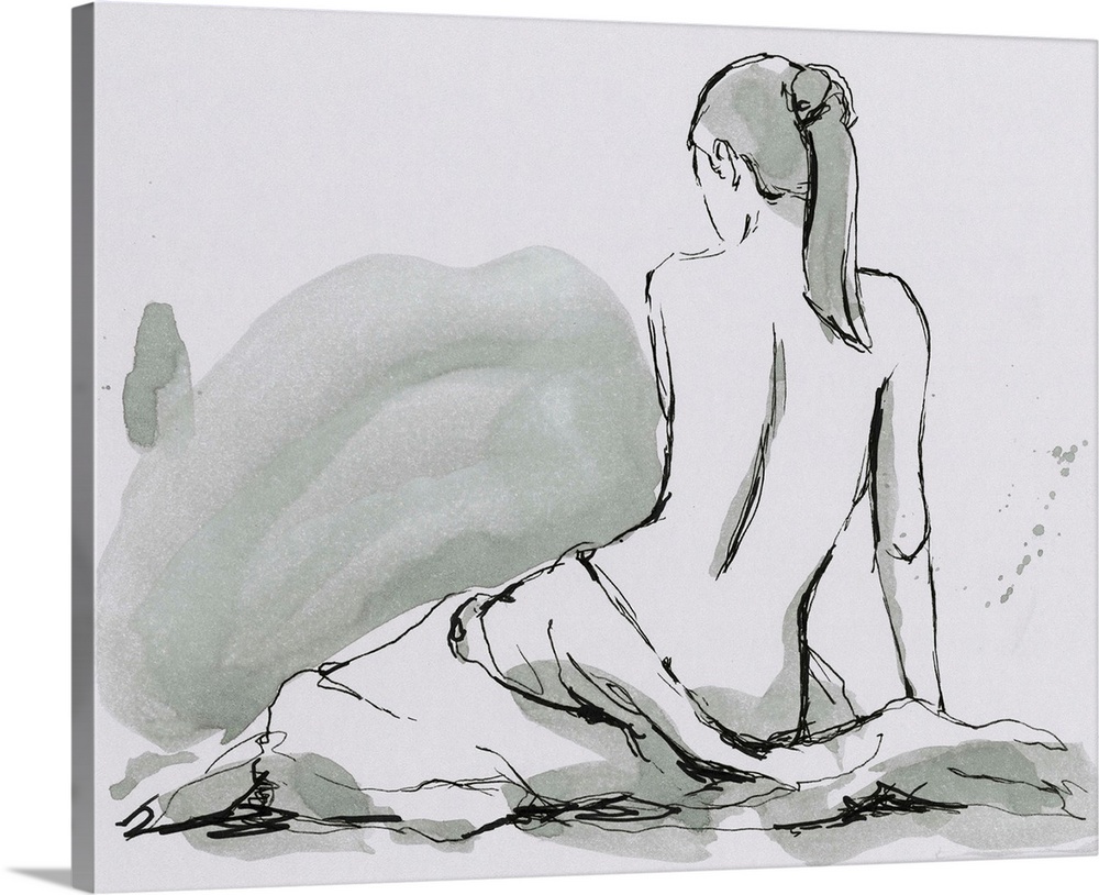 Contemporary figurative artwork of a seated nude female draped in a sheet.
